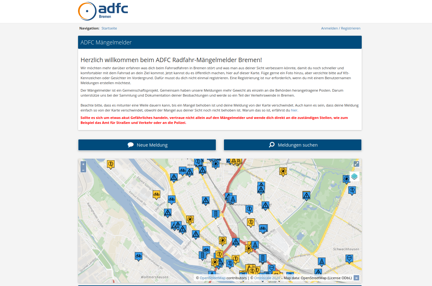 Screenshot vom Radfahr-Mängelmelder Bremen. Diese Radmeldeplattform wurde bereits 2019 vom ADFC initiiert.