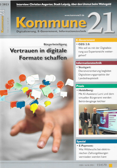 Cover des Magazins Kommune21, Heft 2/2023. Darin ist der Artikel über crossmediale Bürgerbeteiligung in Wuppertal ursprünglich erschienen.