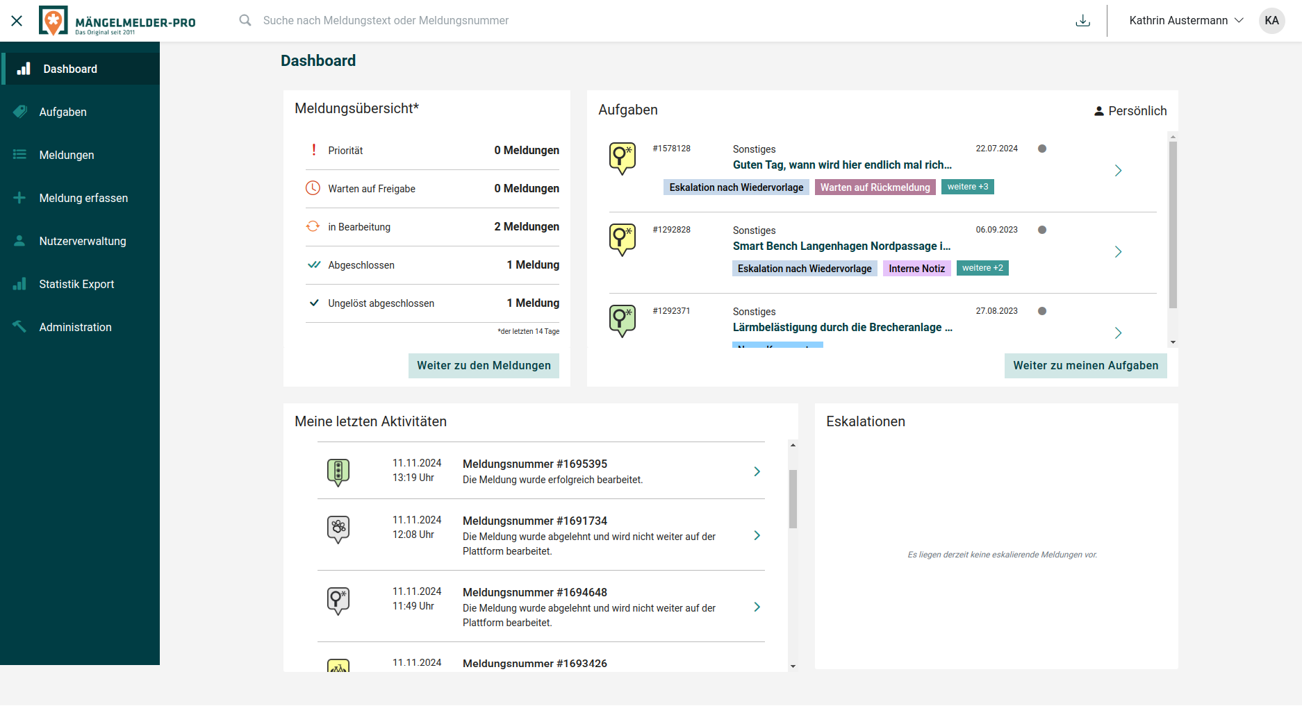 Ansicht vom Dashboard der Software Mängelmelder Pro, mit welcher die Bearbeitung der Bürgerhinweise in Langenhagen erfolgt. 