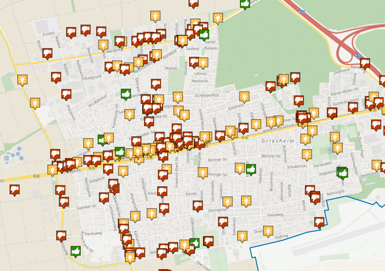 Ideenkarte vom Crowdmapping zum Radverkehrskonzept der Stadt Griesheim