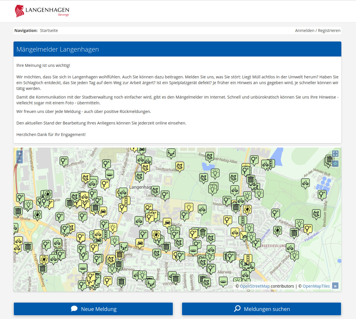 Screenshot vom Mängelmelder Langenhagen. Zu sehen ist die digitale Karte der Stadt mit zahlreichen Markern zu eingereichten Anliegen und Hinweisen.