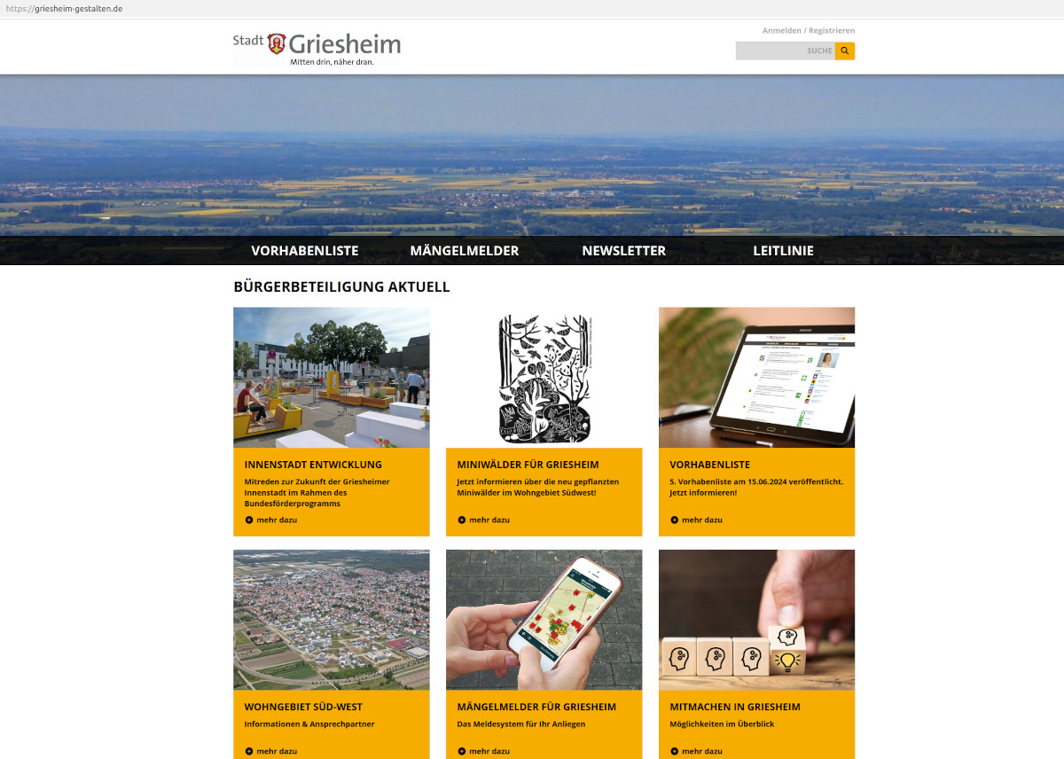 Screenshot der Beteiligungplattform der Stadt Griesheim: griesheim-gestalten.de