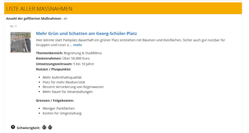 Screenshot der Online-Beteiligung zur Maßnahmen-Priorisierung; beschrieben ist die Maßnahme "Mehr Grün und Schatten am Georg-Schüler-Platz", inklusive Kostenrahmen, Umsetzungszeitrahmen, Pluspunkten und Folgekosten