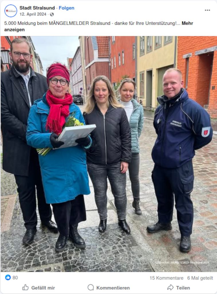 Screenshot vom Facbook-Beitrag der Stadt Stralsund anlässlich der 5.000sten Meldung über den Mängelmelder