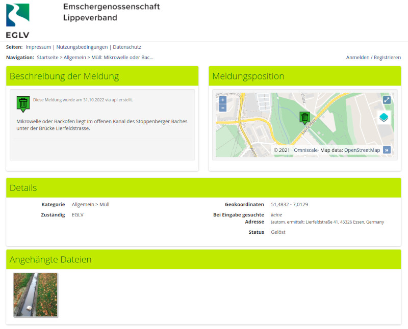 Screenshot der Website mit der eingereichten Meldung "Mikrowelle im Kanal".