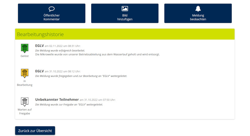 Screenshot von der internen Ansicht im Anliegenmanagementsystem. Zu sehen ist die Bearbeitungshistorie zur gemeldeten Mikrowelle im Kanal: Eingang der Meldung am 31.10.22, Start der Bearbeitung am 31.10.22, Lösung des Anliegens am 2.11.22 mit Kommentar: "Die Mikrowelle wurde von unserer Betriebsabteilung aus dem Wasserlauf geholt und wird entsorgt."