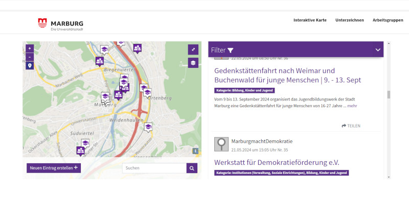 Screenshot der digitalen Karte und Ideen- & Angebotsliste mit Aktionen und Initiativen zur Demokratieförderung.