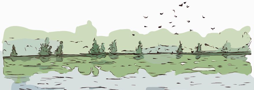 stilistische Darstellung einer Flusslandschaft, mit Silhouetten von Bäumen und Bergen, Vögel