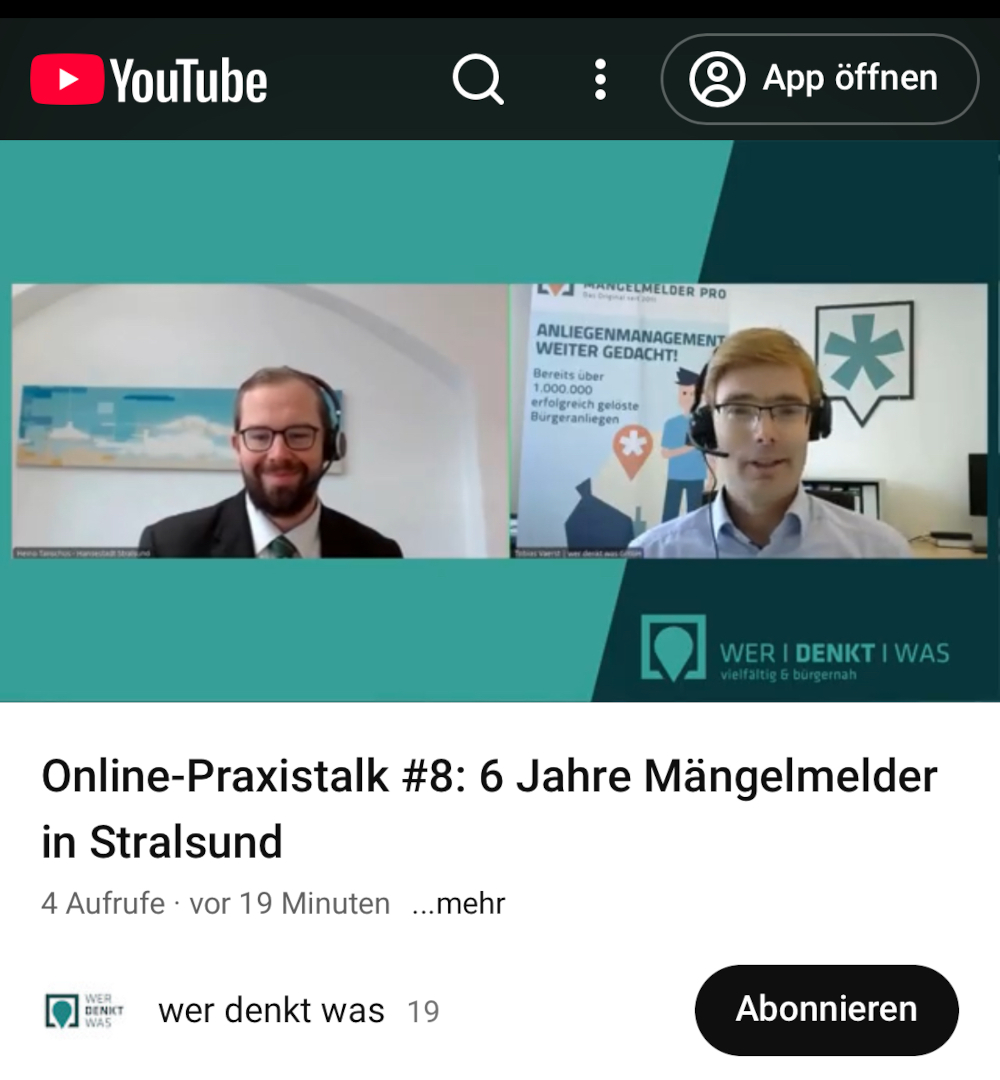 Screenshot vom Youtube-Video zum Online-Praxistalk 6 Jahre Mängelmelder in Stralsund. Zu sehen sind Referent Heino Tanschus und Projektmanager Tobias Vaerst.